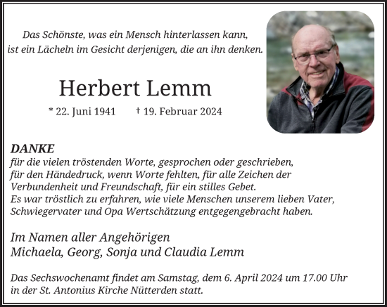 Traueranzeige von Herbert Lemm von Rheinische Post