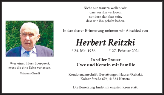 Traueranzeige von Herbert Reitzki von Rheinische Post