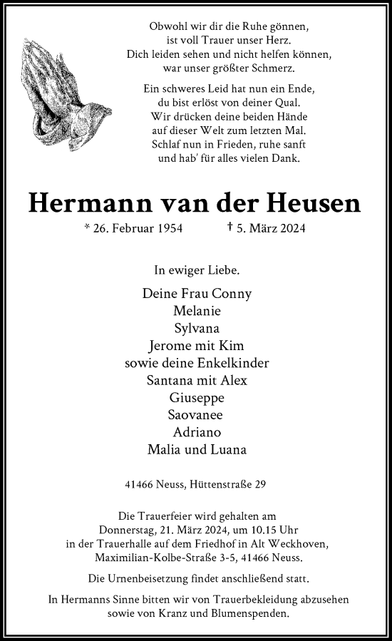 Traueranzeige von Hermann van der Heusen von Rheinische Post
