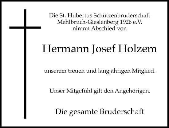 Traueranzeige von Hermann Josef Holzem von Rheinische Post