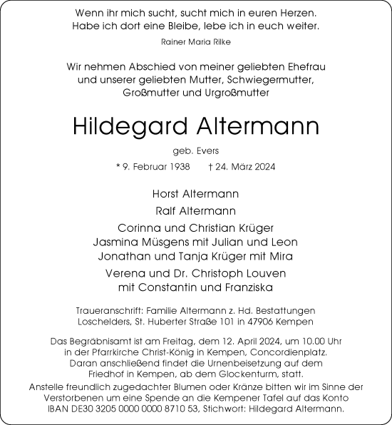 Traueranzeige von Hildegard Altermann von Rheinische Post