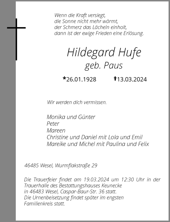 Traueranzeige von Hildegard Hufe von Rheinische Post