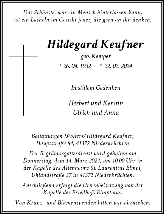 Traueranzeige von Hildegard Keufner von Rheinische Post