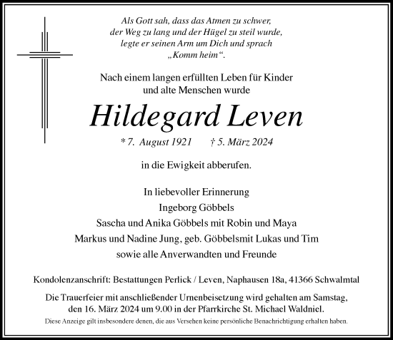 Traueranzeige von Hildegard Leven von Rheinische Post