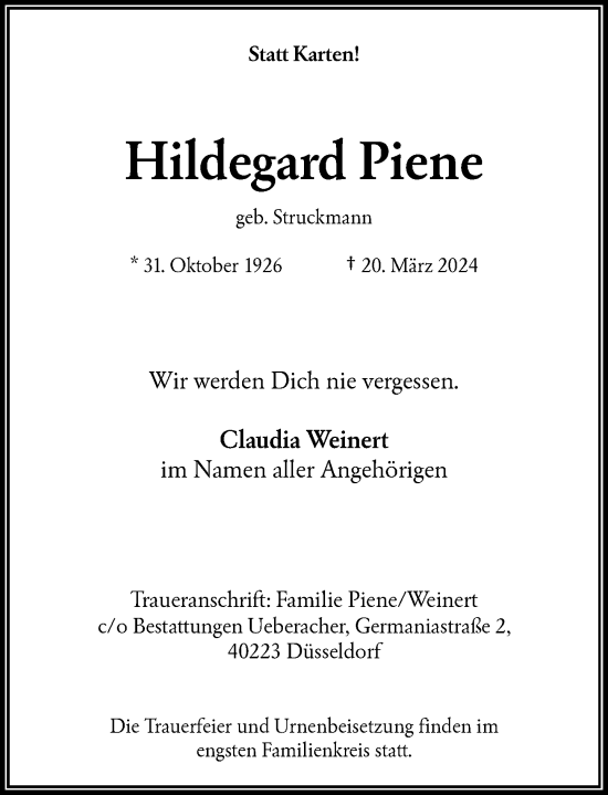 Traueranzeige von Hildegard Piene von Rheinische Post