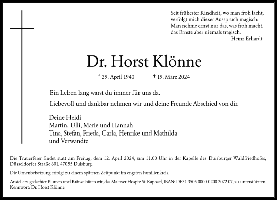 Traueranzeige von Horst Klönne von Rheinische Post