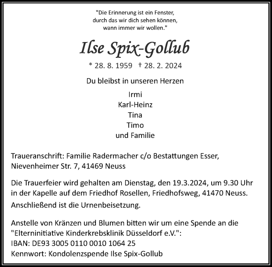 Traueranzeige von Ilse Spix-Gollub von Rheinische Post