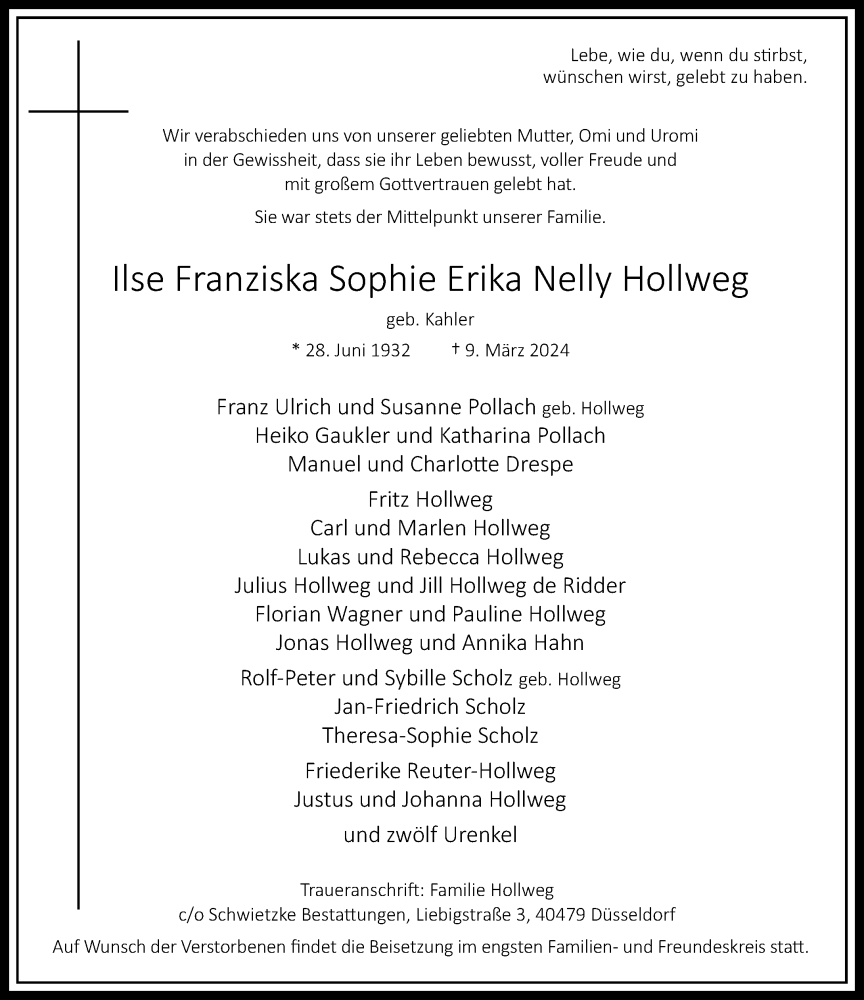  Traueranzeige für Ilse Franziska Sophie Erika Nelly Hollweg vom 23.03.2024 aus Rheinische Post