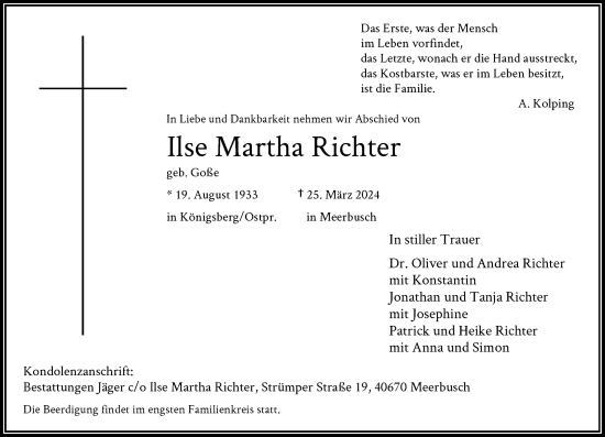 Traueranzeige von Ilse Martha Richter von Rheinische Post