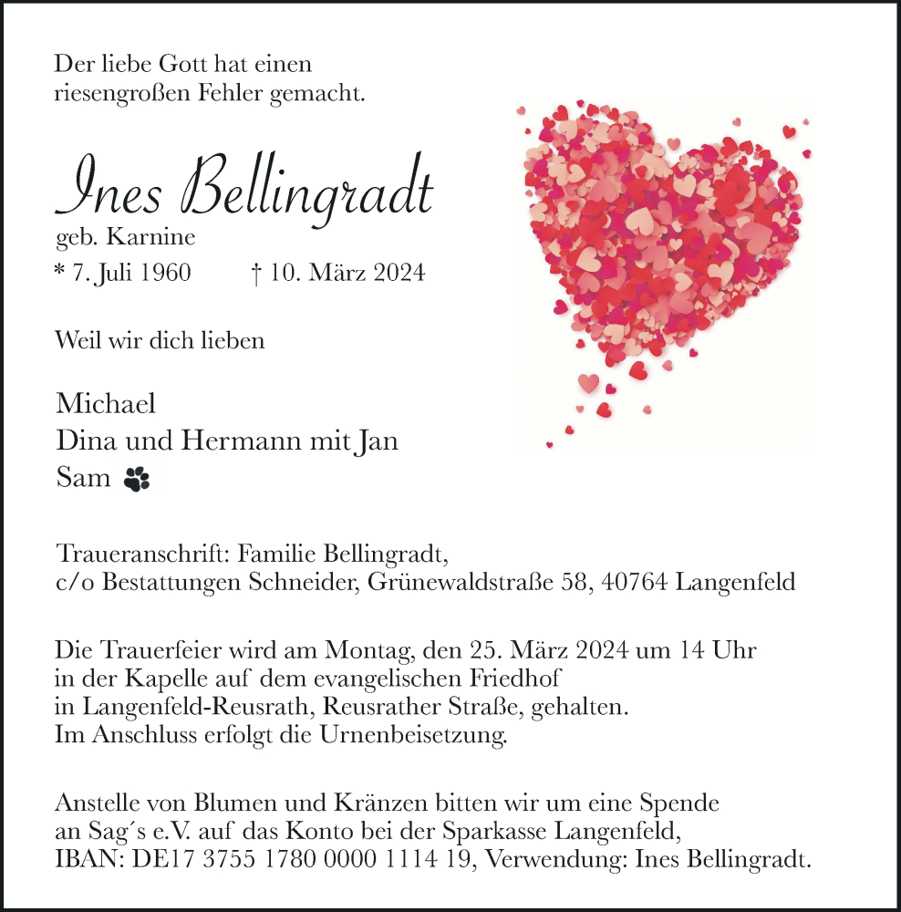  Traueranzeige für Ines Bellingradt vom 16.03.2024 aus Rheinische Post