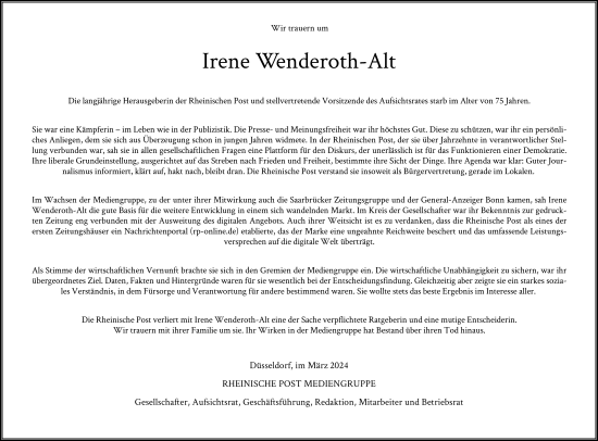 Traueranzeige von Irene Wenderoth-Alt von Rheinische Post