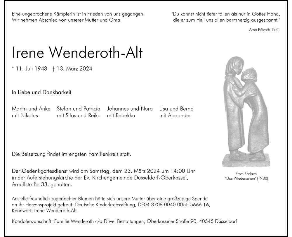  Traueranzeige für Irene Wenderoth-Alt vom 16.03.2024 aus Rheinische Post