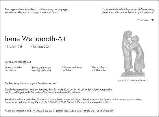 Traueranzeige von Irene Wenderoth-Alt von Rheinische Post