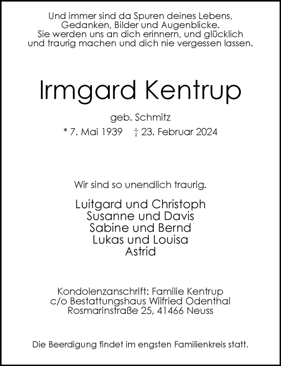 Traueranzeige von Irmgard Kentrup von Rheinische Post