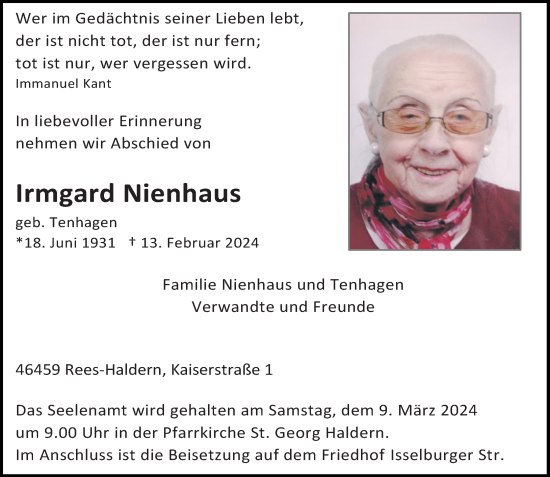 Traueranzeige von Irmgard Nienhaus von Rheinische Post