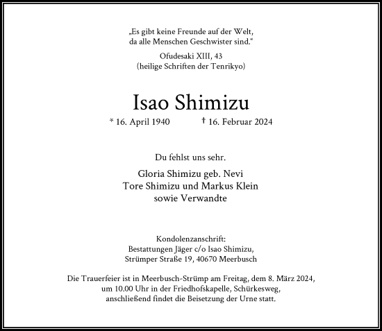 Traueranzeige von Isao Shimizu von Rheinische Post