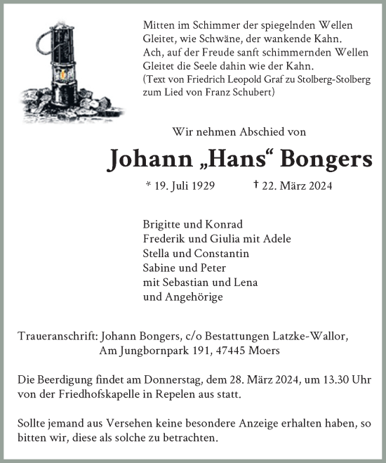 Traueranzeige von Johann Bongers von Rheinische Post