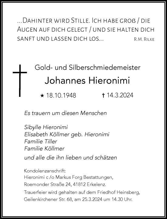 Traueranzeige von Johannes Hieronimi von Rheinische Post