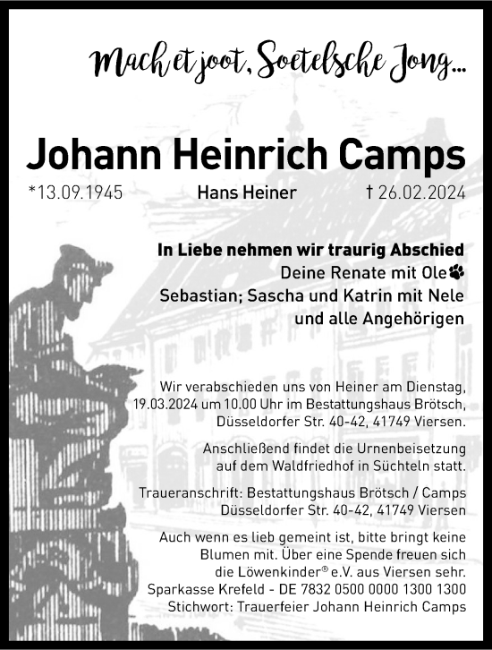 Traueranzeige von Johann Heinrich Camps von Rheinische Post