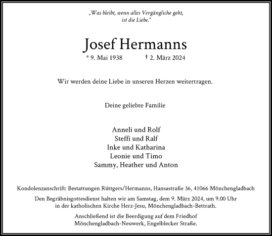 Traueranzeige von Josef Hermanns von Rheinische Post