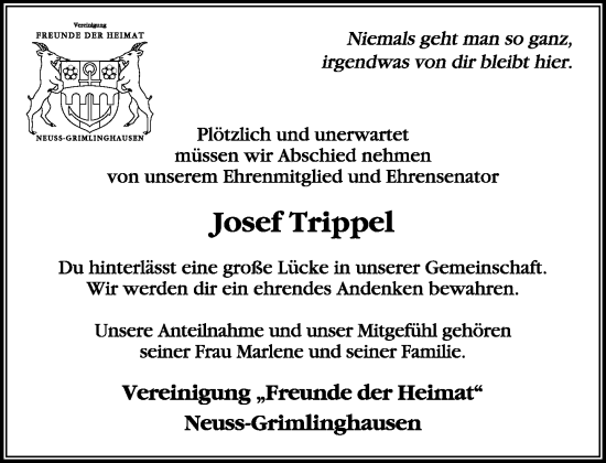 Traueranzeige von Josef Trippel von Rheinische Post
