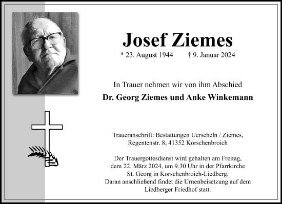 Traueranzeige von Josef Ziemes von Rheinische Post