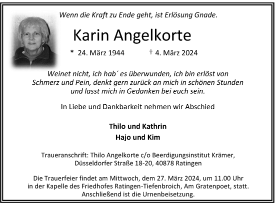 Traueranzeige von Karin Angelkorte von Rheinische Post
