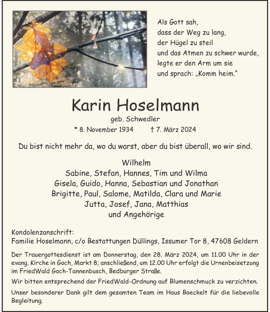 Traueranzeige von Karin Hoselmann von Rheinische Post