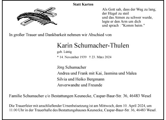 Traueranzeige von Karin Schumacher-Thulen von Rheinische Post