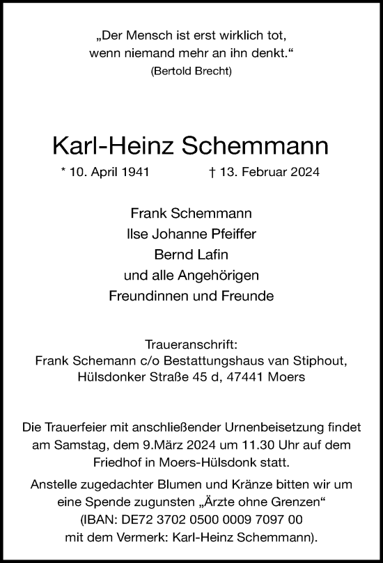 Traueranzeige von Karl-Heinz Schemmann von Rheinische Post
