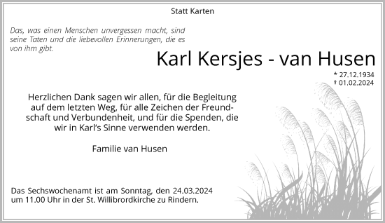 Traueranzeige von Karl Kersjes-van Husen von Rheinische Post