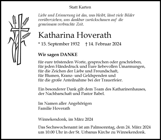 Traueranzeige von Katharina Hoverath von Rheinische Post