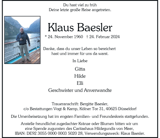 Traueranzeige von Klaus Baesler von Rheinische Post