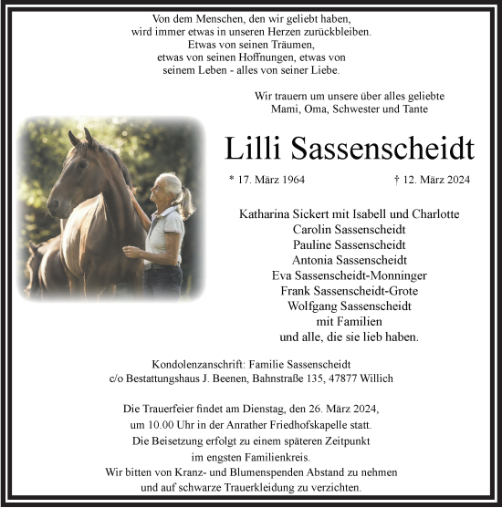 Traueranzeige von Lilli Sassenscheidt von Rheinische Post