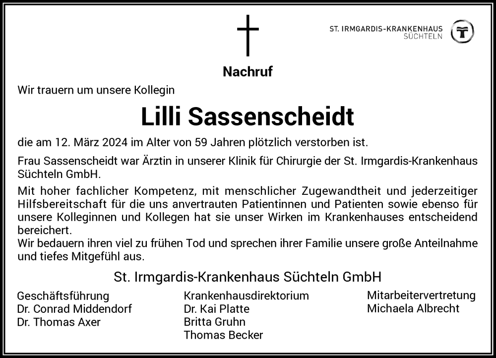  Traueranzeige für Lilli Sassenscheidt vom 30.03.2024 aus Rheinische Post
