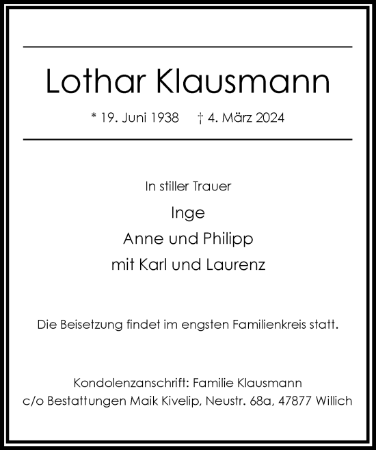 Traueranzeige von Lothar Klausmann von Rheinische Post
