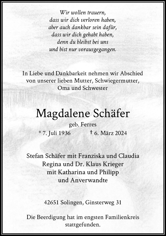 Traueranzeige von Magdalene Schäfer von Rheinische Post