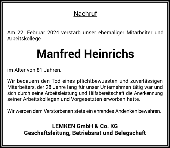 Traueranzeige von Manfred Heinrichs von Rheinische Post