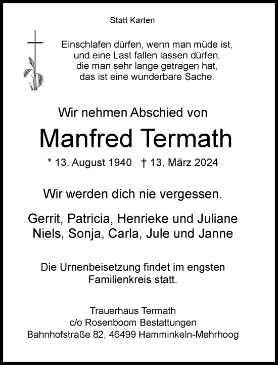 Traueranzeige von Manfred Termath von Rheinische Post