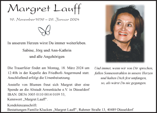 Traueranzeige von Margret Lauff von Rheinische Post