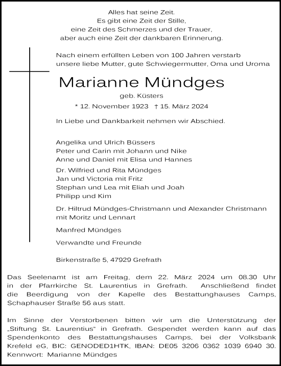 Traueranzeige von Marianne Mündges von Rheinische Post