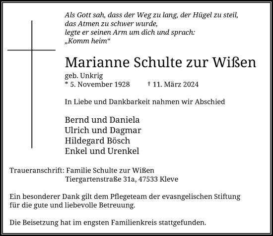 Traueranzeige von Marianne  Schulte zur Wißen von Rheinische Post