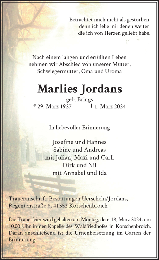 Traueranzeige von Marlies Jordans von Rheinische Post
