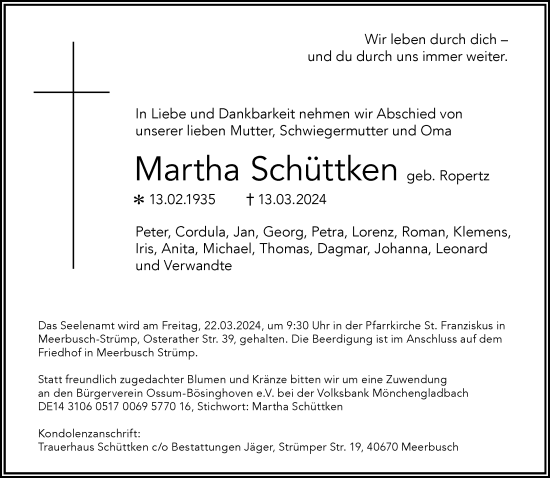 Traueranzeige von Martha Schüttken von Rheinische Post