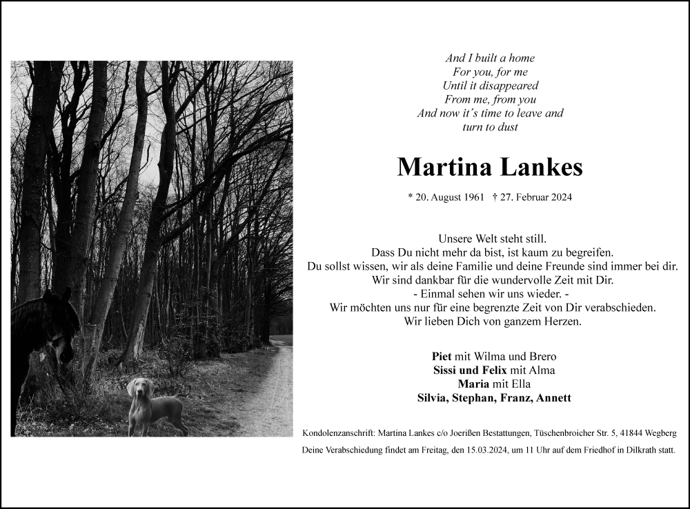  Traueranzeige für Martina Lankes vom 09.03.2024 aus Rheinische Post