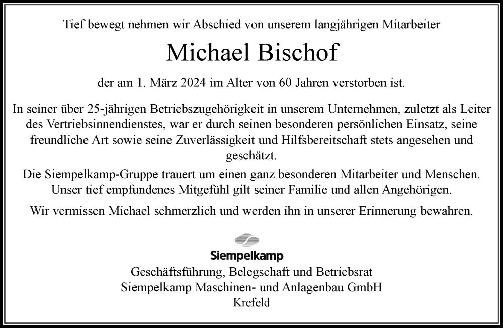  Traueranzeige für Michael Bischof vom 13.03.2024 aus Rheinische Post