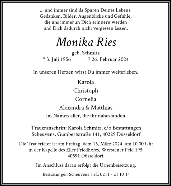 Traueranzeige von Monika Ries von Rheinische Post