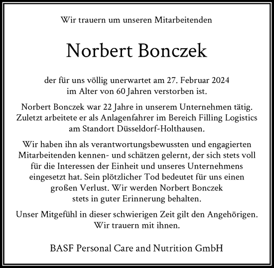 Traueranzeige von Norbert Bonczek von Rheinische Post