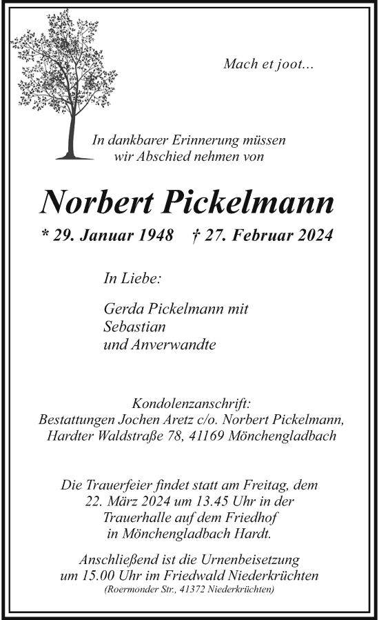 Traueranzeige von Norbert Pickelmann von Rheinische Post