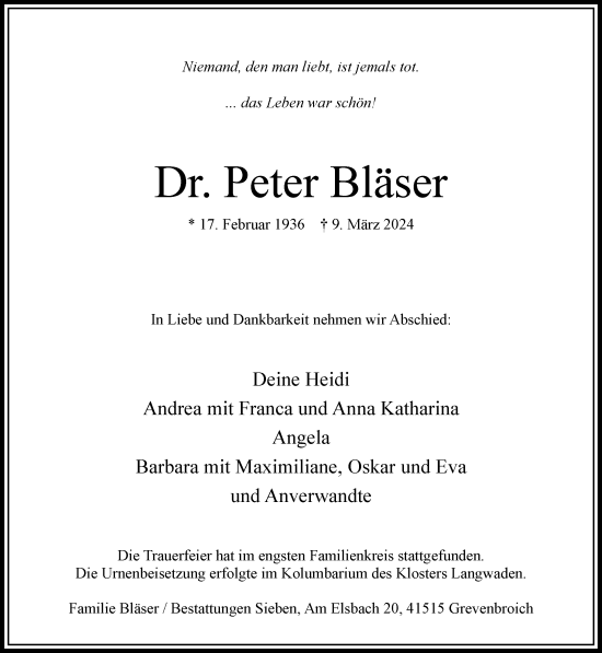 Traueranzeige von Peter Bläser von Rheinische Post